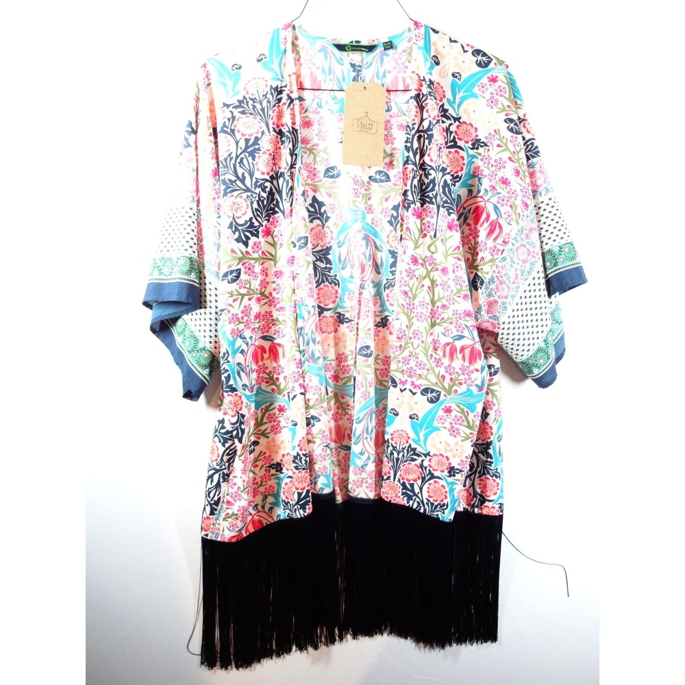 C. Wonder Kimono Cardigan Womens XL Multicolor Floral Fringe Boho Festival Layer